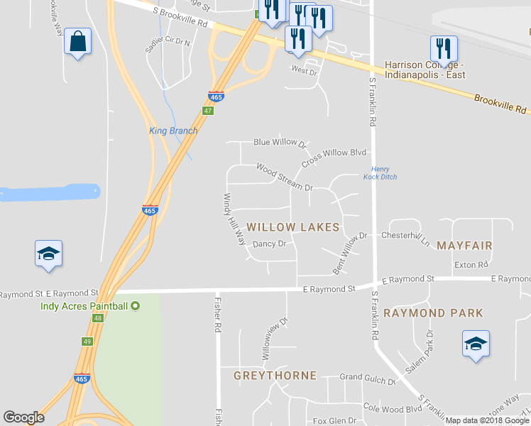 map of restaurants, bars, coffee shops, grocery stores, and more near 7633 Scatter Woods Lane in Indianapolis