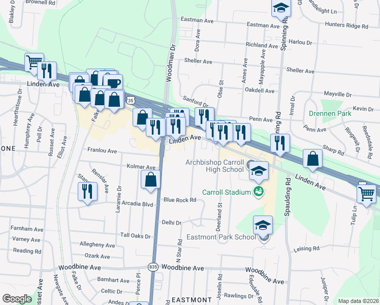 map of restaurants, bars, coffee shops, grocery stores, and more near 1655 Rausch Avenue in Dayton