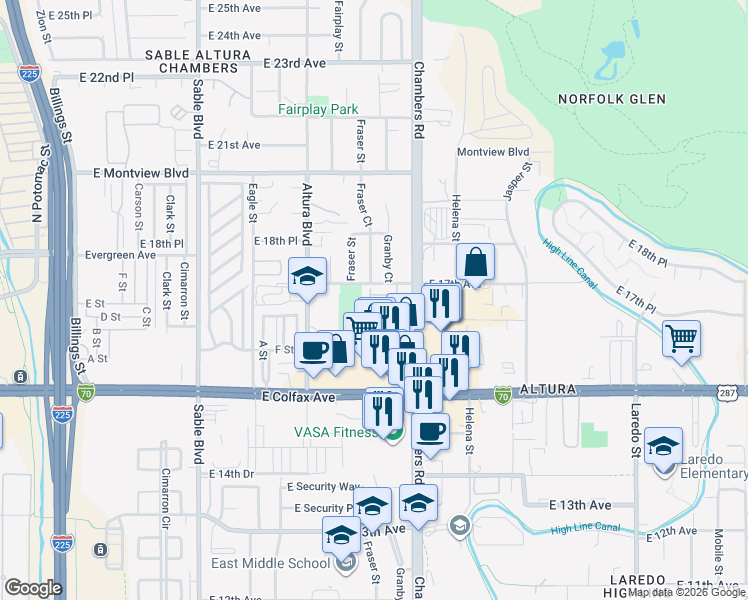 map of restaurants, bars, coffee shops, grocery stores, and more near 1611 Fraser Court in Aurora
