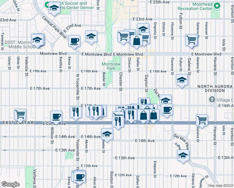 map of restaurants, bars, coffee shops, grocery stores, and more near 1639 Boston Street in Aurora