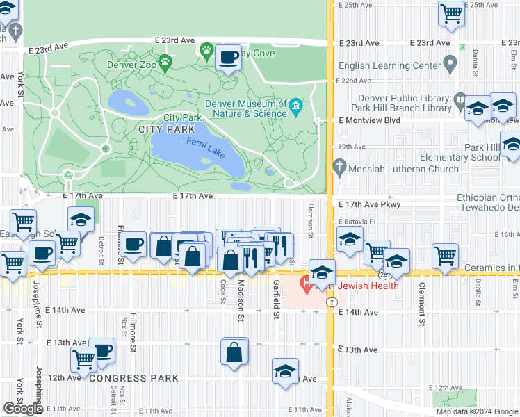 map of restaurants, bars, coffee shops, grocery stores, and more near 1635 Garfield Street in Denver