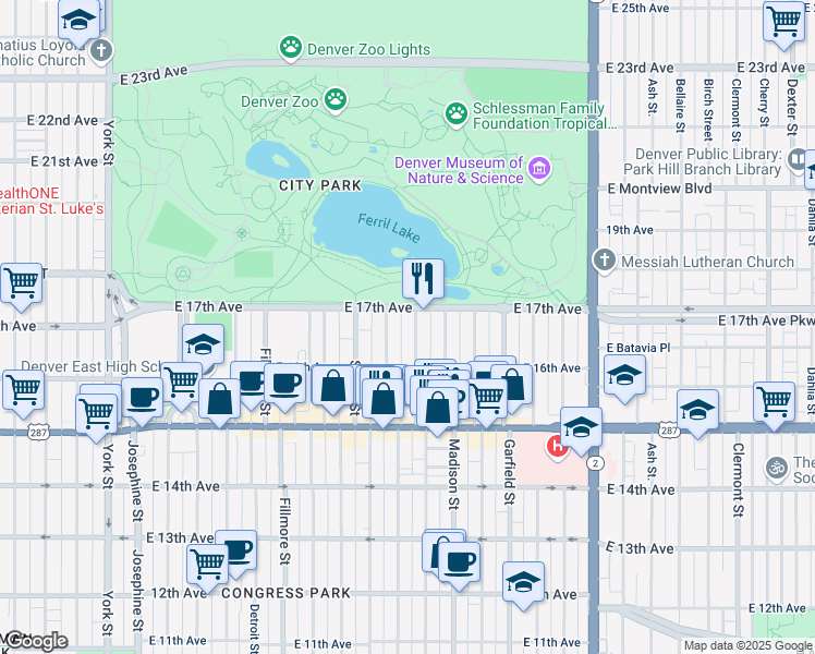 map of restaurants, bars, coffee shops, grocery stores, and more near 1620 Cook Street in Denver