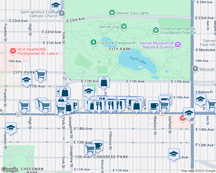 map of restaurants, bars, coffee shops, grocery stores, and more near 1633 Fillmore Street in Denver