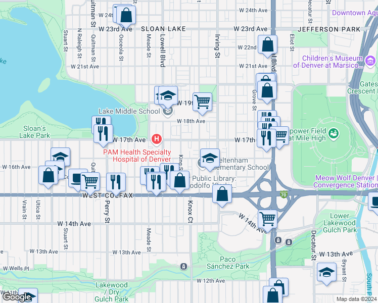 map of restaurants, bars, coffee shops, grocery stores, and more near 1586 King Street in Denver