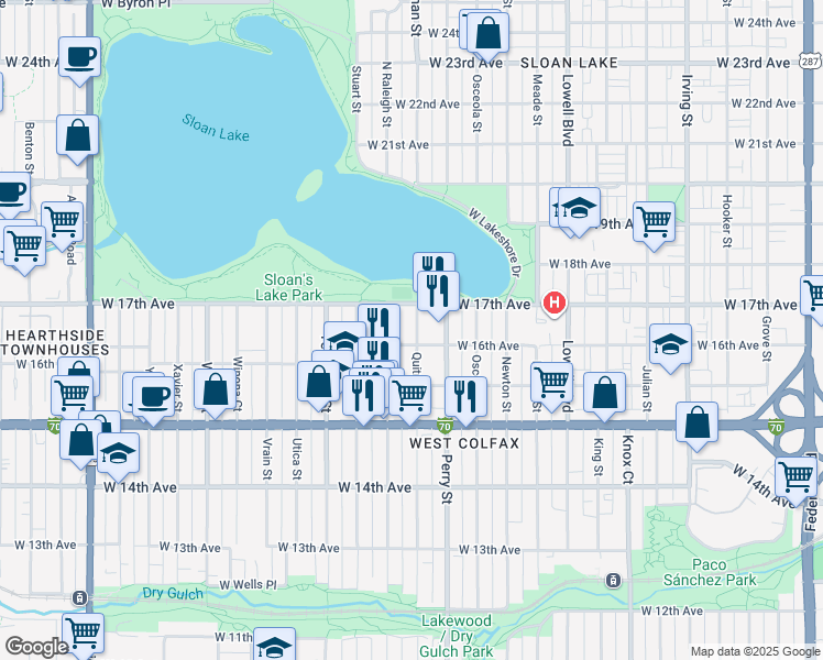 map of restaurants, bars, coffee shops, grocery stores, and more near 1594 Quitman Street in Denver