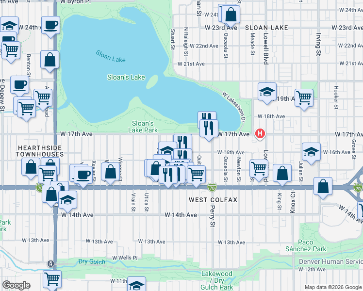 map of restaurants, bars, coffee shops, grocery stores, and more near 1565 Raleigh Street in Denver