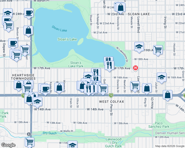map of restaurants, bars, coffee shops, grocery stores, and more near 1565 Raleigh Street in Denver