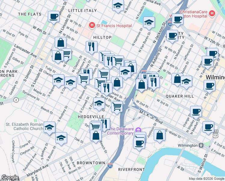 map of restaurants, bars, coffee shops, grocery stores, and more near 1116 Delaware 48 in Wilmington