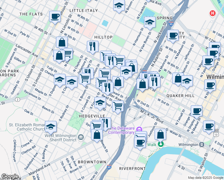 map of restaurants, bars, coffee shops, grocery stores, and more near 1116 Delaware 48 in Wilmington