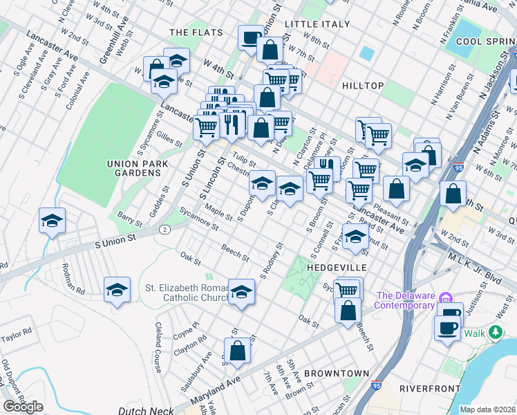 map of restaurants, bars, coffee shops, grocery stores, and more near 402 South Clayton Street in Wilmington
