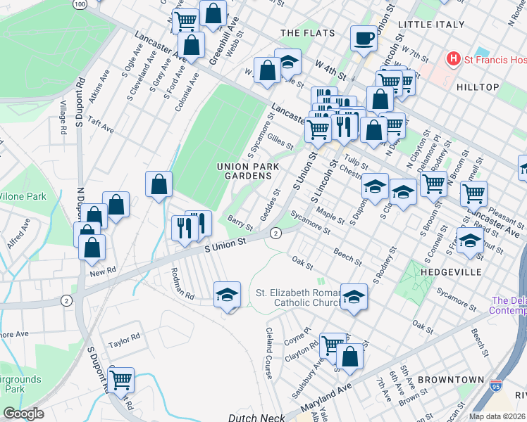 map of restaurants, bars, coffee shops, grocery stores, and more near 641 Geddes Street in Wilmington