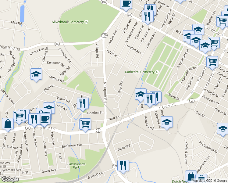 map of restaurants, bars, coffee shops, grocery stores, and more near 11 Village Court in Wilmington