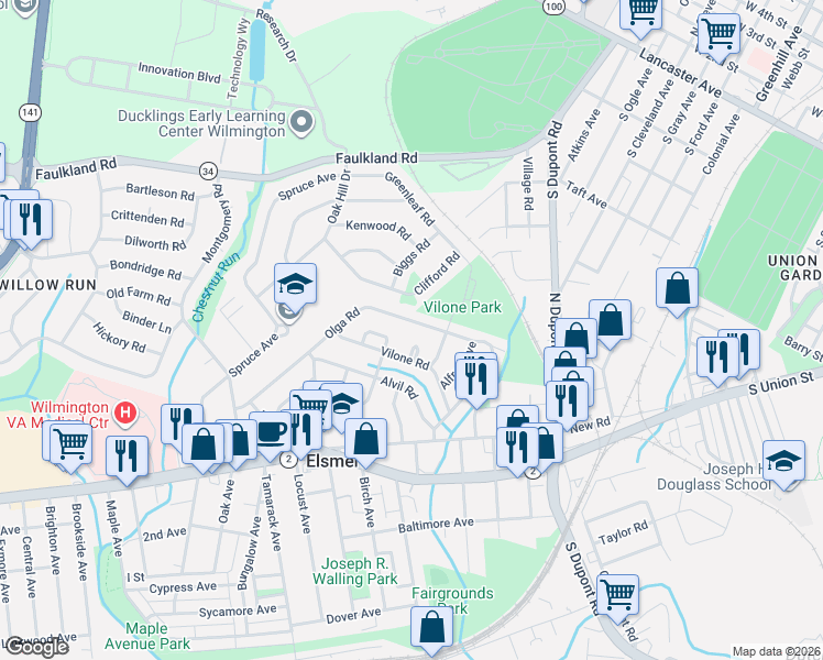 map of restaurants, bars, coffee shops, grocery stores, and more near 24 Vilone Road in Wilmington