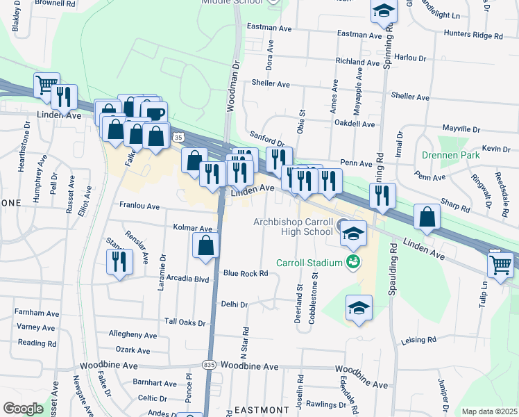 map of restaurants, bars, coffee shops, grocery stores, and more near 1655 Rausch Avenue in Dayton
