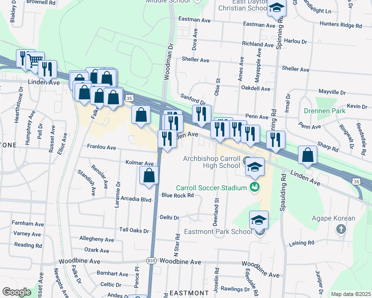 map of restaurants, bars, coffee shops, grocery stores, and more near 1655 Rausch Avenue in Dayton