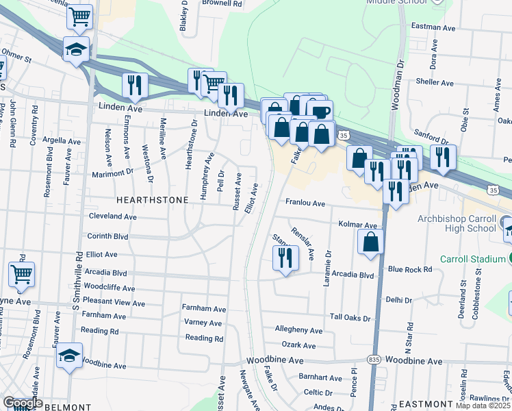 map of restaurants, bars, coffee shops, grocery stores, and more near 4524 Elliot Avenue in Dayton