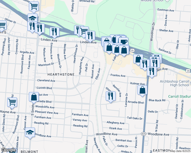 map of restaurants, bars, coffee shops, grocery stores, and more near 1723 Russet Avenue in Dayton