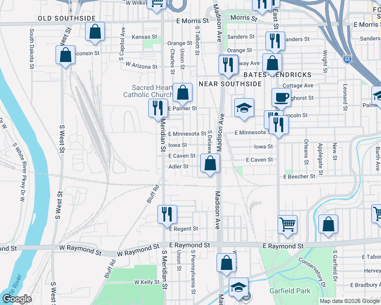 map of restaurants, bars, coffee shops, grocery stores, and more near 1817 Union Street in Indianapolis