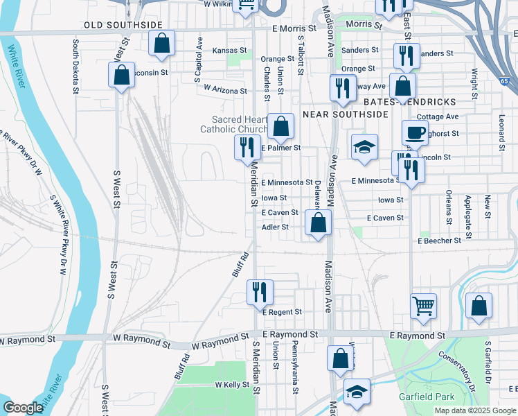 map of restaurants, bars, coffee shops, grocery stores, and more near 18 Adler Street in Indianapolis