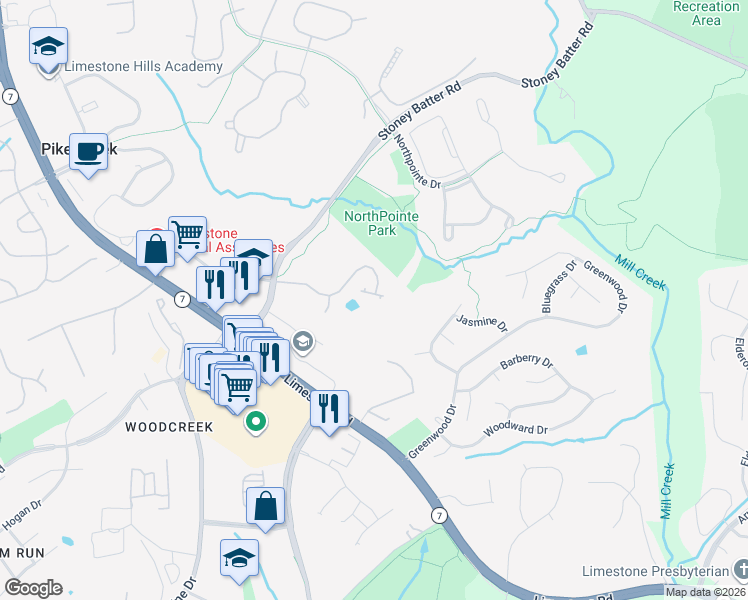 map of restaurants, bars, coffee shops, grocery stores, and more near 4702 Weatherhill Drive in Wilmington