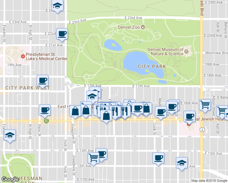 map of restaurants, bars, coffee shops, grocery stores, and more near 1650 Fillmore Street in Denver