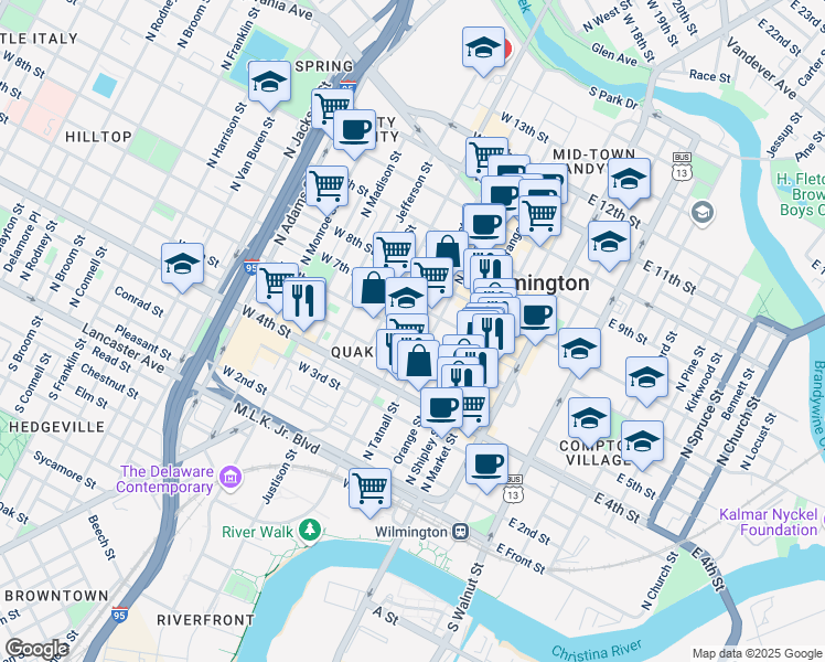 map of restaurants, bars, coffee shops, grocery stores, and more near 307 West 5th Street in Wilmington