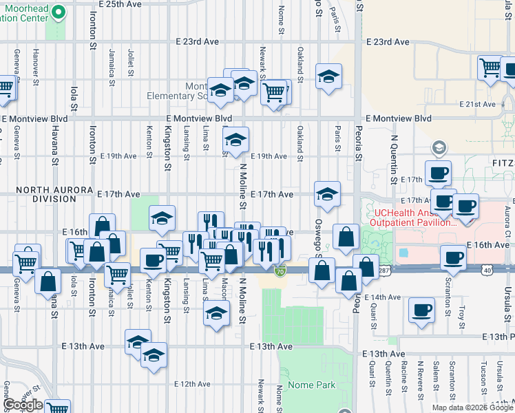 map of restaurants, bars, coffee shops, grocery stores, and more near 1625 Newark Street in Aurora