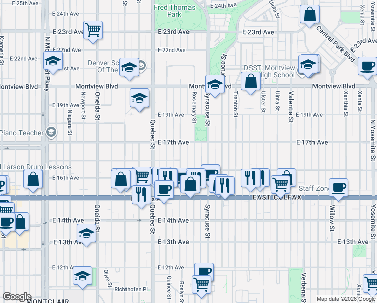 map of restaurants, bars, coffee shops, grocery stores, and more near 1630 Roslyn Street in Denver