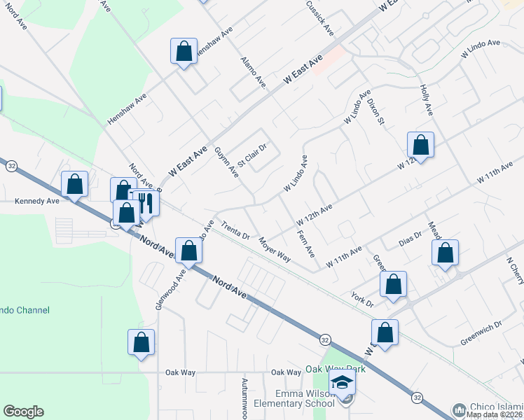map of restaurants, bars, coffee shops, grocery stores, and more near 1345 West Lindo Avenue in Chico