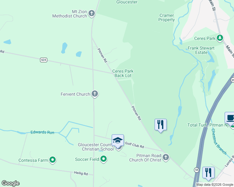 map of restaurants, bars, coffee shops, grocery stores, and more near 418 Pitman Road in Gloucester County