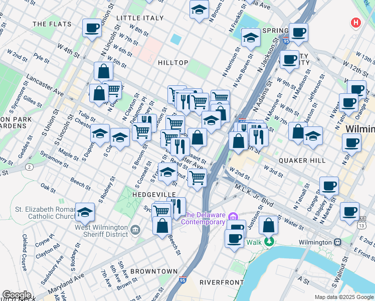 map of restaurants, bars, coffee shops, grocery stores, and more near 1116 Delaware 48 in Wilmington