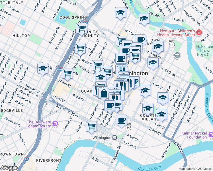 map of restaurants, bars, coffee shops, grocery stores, and more near 601 North Tatnall Street in Wilmington