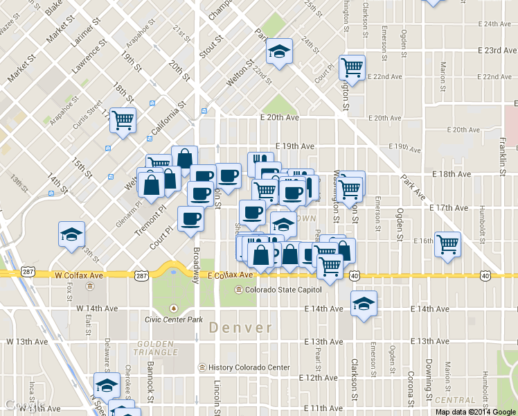 map of restaurants, bars, coffee shops, grocery stores, and more near in Denver