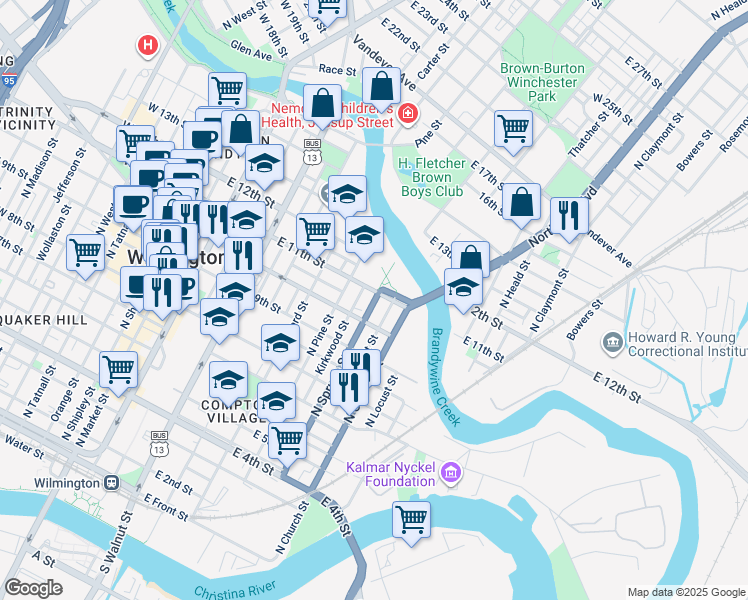 map of restaurants, bars, coffee shops, grocery stores, and more near 1033 North Spruce Street in Wilmington