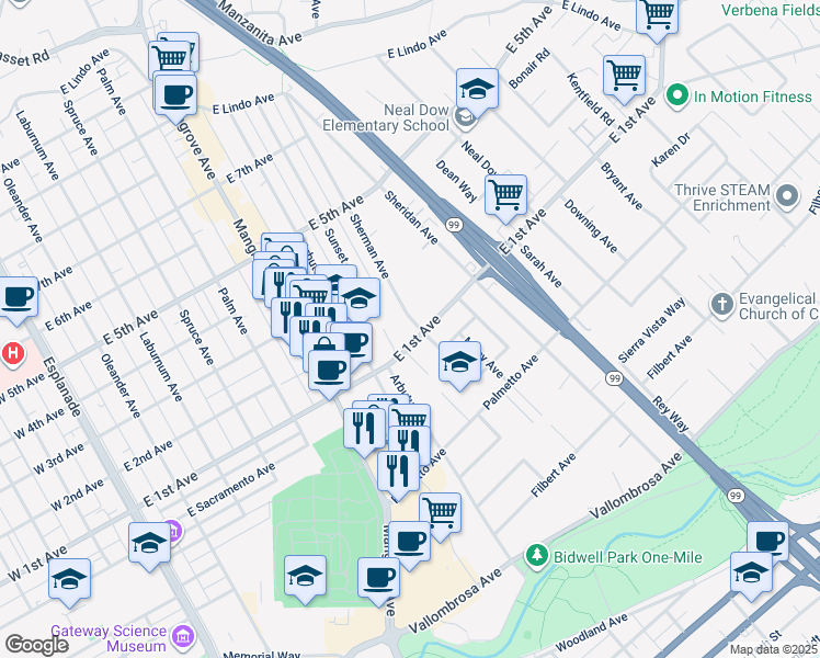 map of restaurants, bars, coffee shops, grocery stores, and more near 1109 Sherman Avenue in Chico