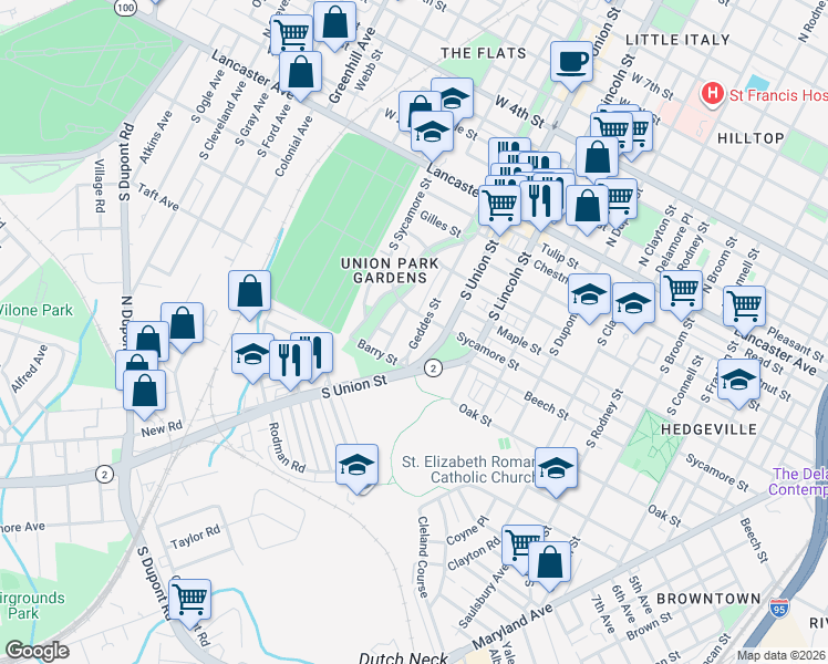 map of restaurants, bars, coffee shops, grocery stores, and more near 641 Geddes Street in Wilmington