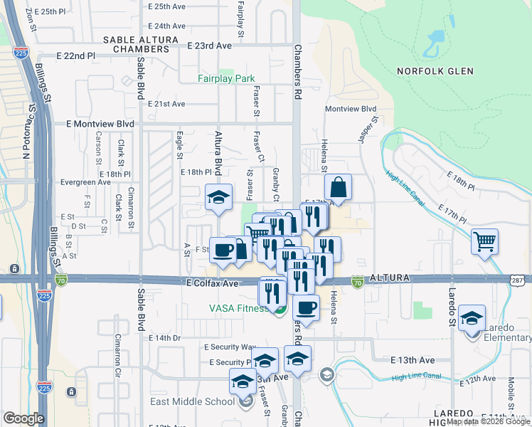 map of restaurants, bars, coffee shops, grocery stores, and more near 1611 Fraser Court in Aurora
