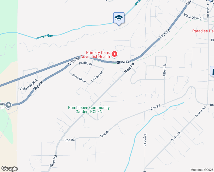 map of restaurants, bars, coffee shops, grocery stores, and more near 3929 Neal Road in Paradise