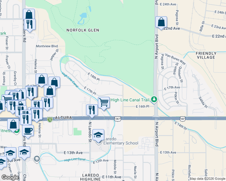 map of restaurants, bars, coffee shops, grocery stores, and more near 16406 East 17th Place in Aurora