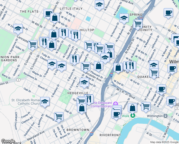 map of restaurants, bars, coffee shops, grocery stores, and more near 1202 Pleasant Street in Wilmington
