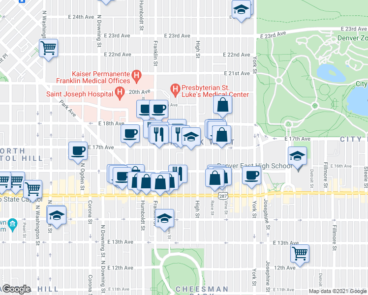 map of restaurants, bars, coffee shops, grocery stores, and more near 1800 East 17th Avenue in Denver