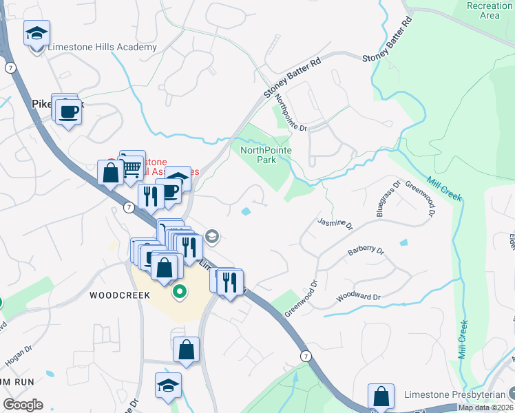 map of restaurants, bars, coffee shops, grocery stores, and more near 4702 Weatherhill Drive in Wilmington