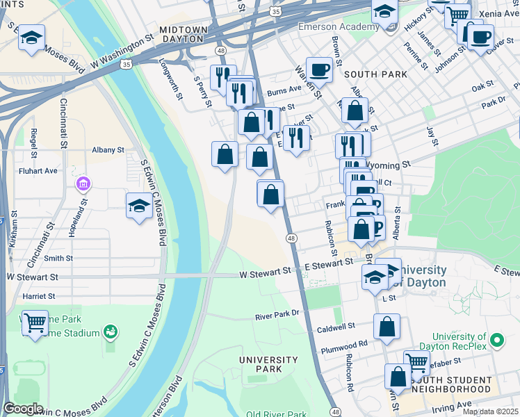 map of restaurants, bars, coffee shops, grocery stores, and more near 1229 South Main Street in Dayton