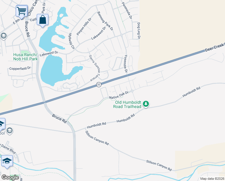 map of restaurants, bars, coffee shops, grocery stores, and more near 6 Pin Oak Lane in Chico