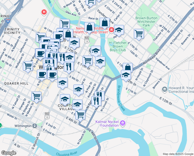 map of restaurants, bars, coffee shops, grocery stores, and more near 1013 Kirkwood Street in Wilmington