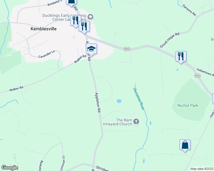 map of restaurants, bars, coffee shops, grocery stores, and more near 6 Meadow Wood Lane in Landenberg