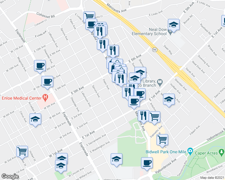 map of restaurants, bars, coffee shops, grocery stores, and more near 1320 Palm Avenue in Chico