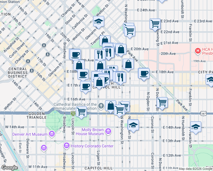 map of restaurants, bars, coffee shops, grocery stores, and more near E 17th Ave & Pennsylvania St in Denver