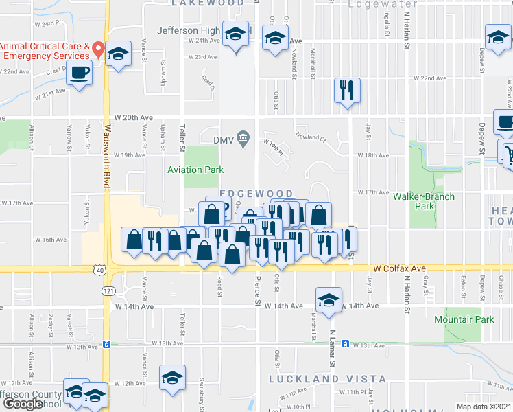 map of restaurants, bars, coffee shops, grocery stores, and more near 1665 Pierce Street in Denver