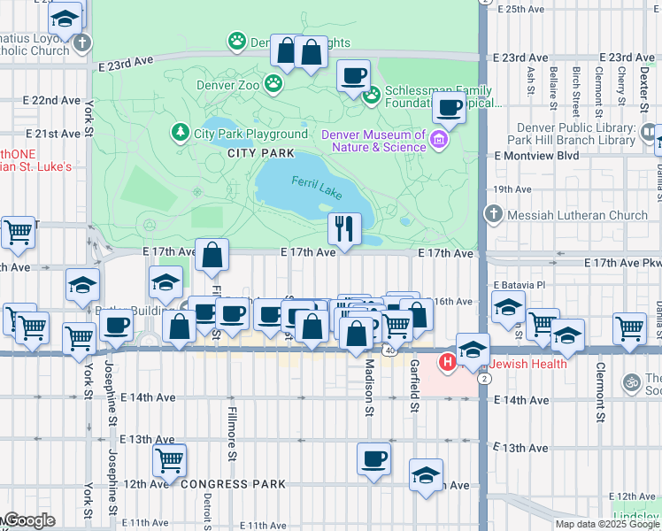 map of restaurants, bars, coffee shops, grocery stores, and more near in Denver